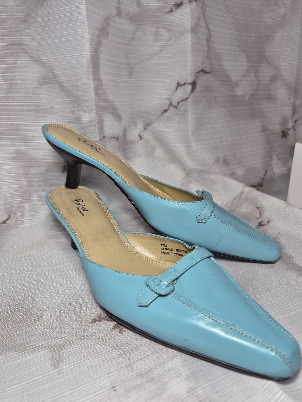 Preview International Women's Light Blue Leather Kitten Heel Mules